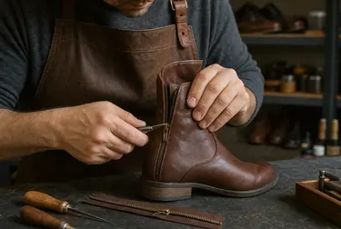 Sapateiro consertando o zíper de uma bota em Jacareí.