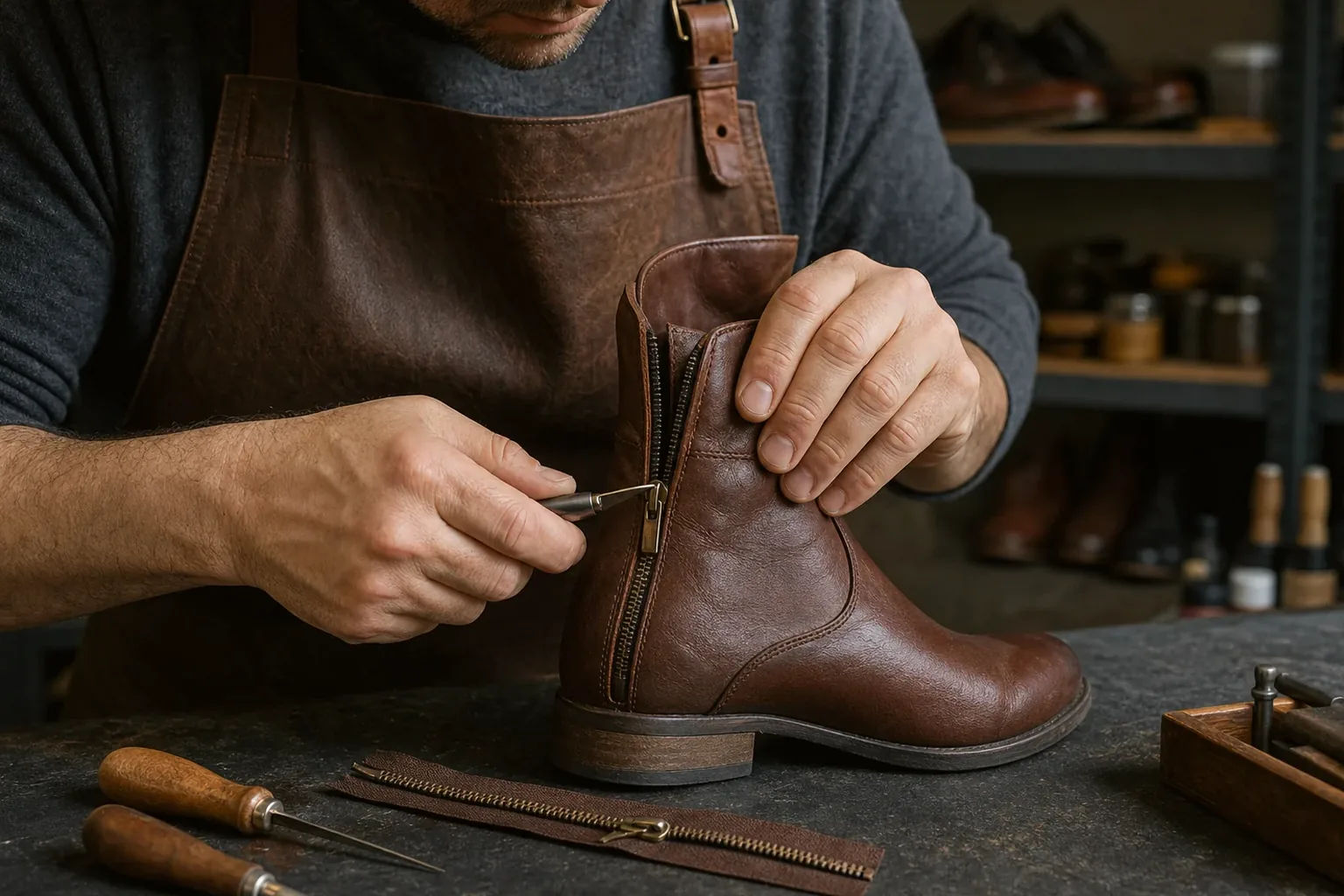 Sapateiro consertando o zíper de uma bota em Jacareí.